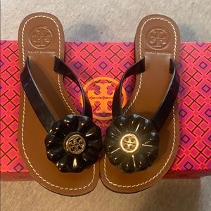 Tory Burch Navy Flower Flip Flops